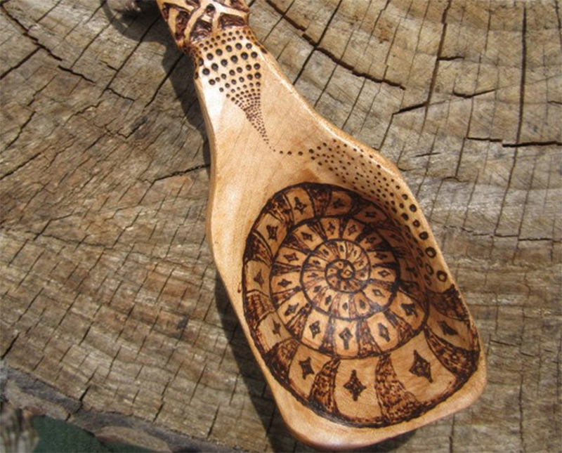 wooden hand-carved burned artwork spoon